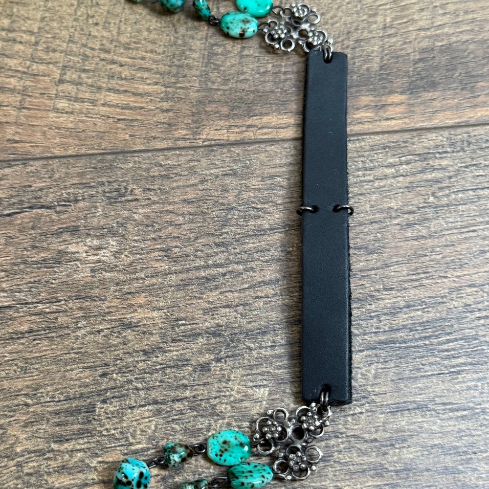 Turquoise Stone Black Leather Chain Belt Rhinestone Drop Size M/L - Picture 3 of 15
